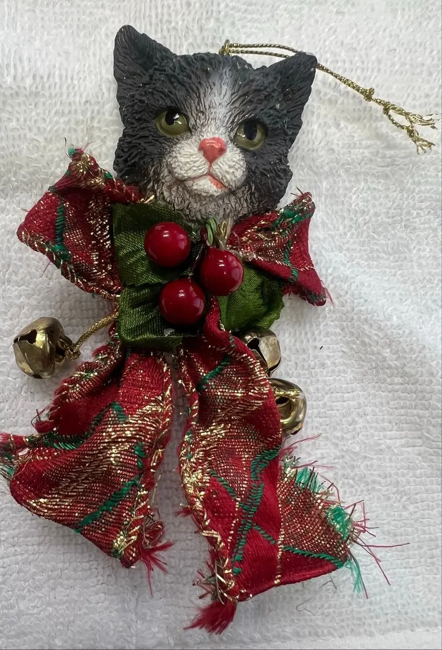 Vintage Style Tuxedo Cat Christmas Ornament Plaid Bow Jingle Bells 5” Chipped